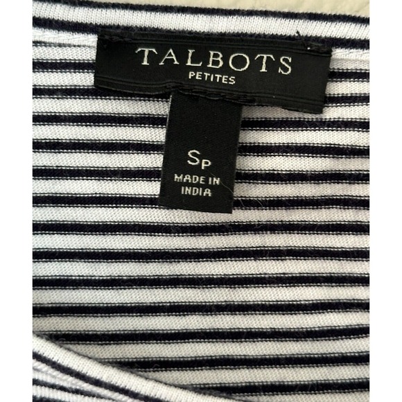 TALBOTS Petite Small Ruched 3/4 Sleeve Boat Black White Stripe Tee Top Women's - Picture 5 of 13